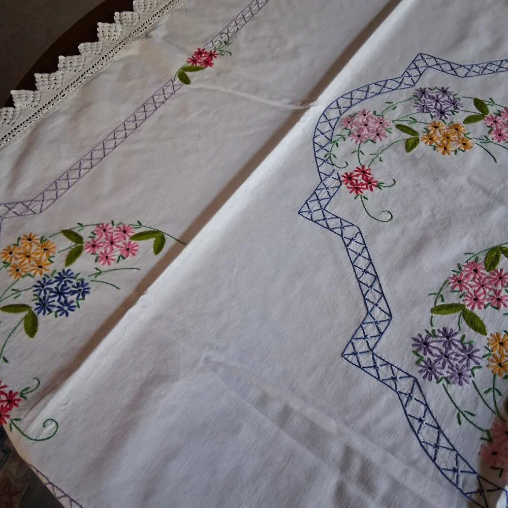 🌸 Vintage Floral Embroidered Tablecloth • Crochet Lace Edge • 54x58 Multicolor